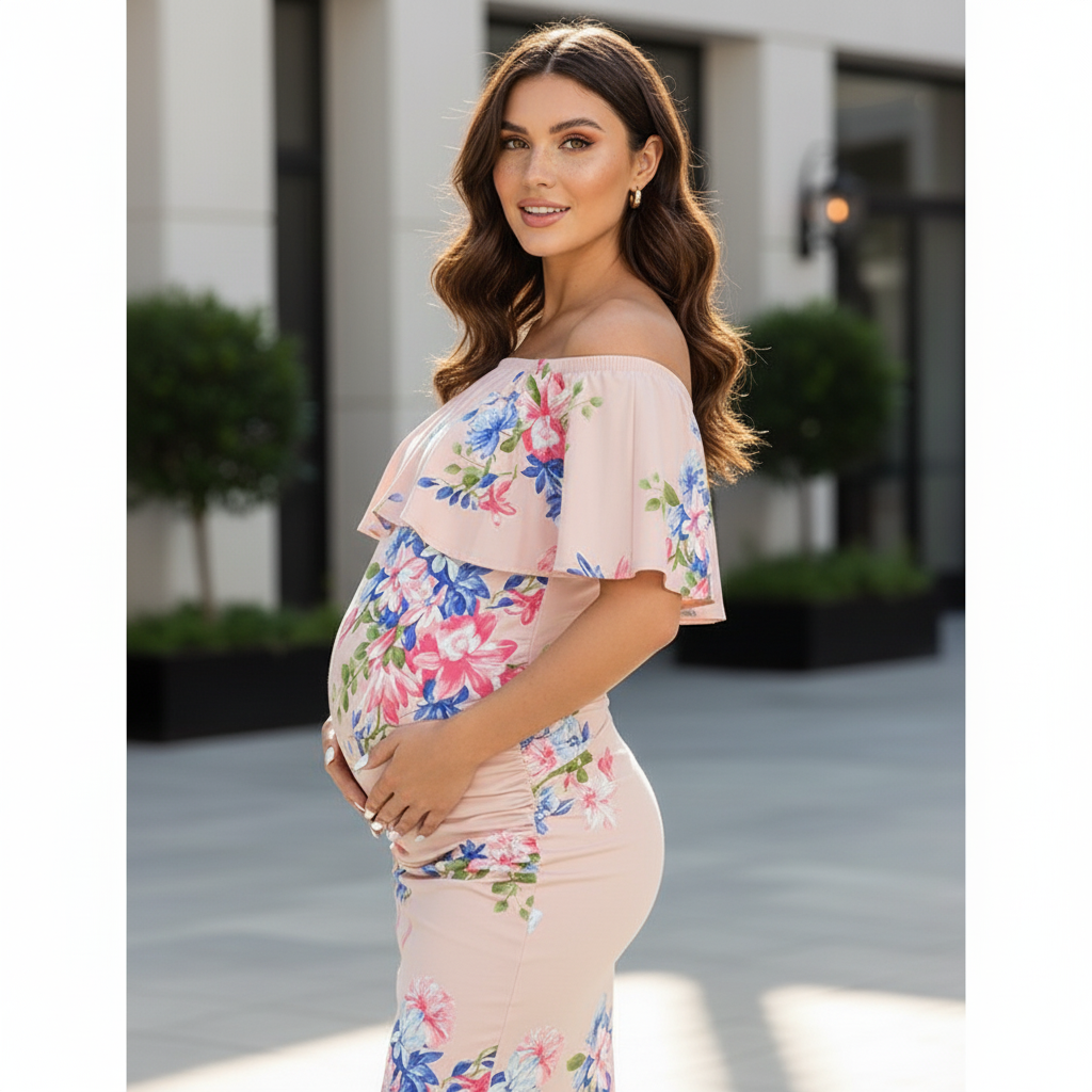 offshoulders Flowers Printed Maternity Dress