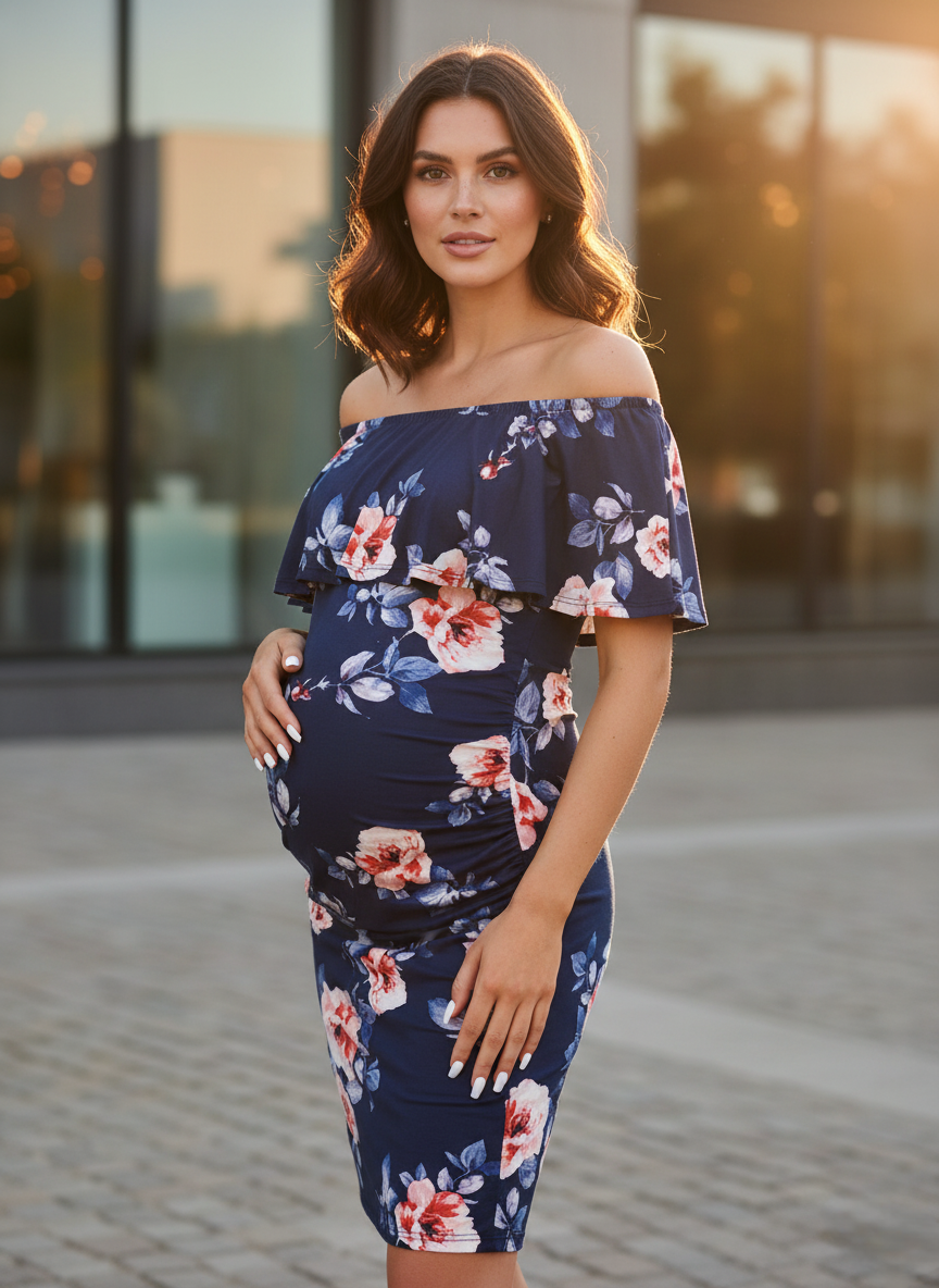 offshoulders Flowers Printed Maternity Dress