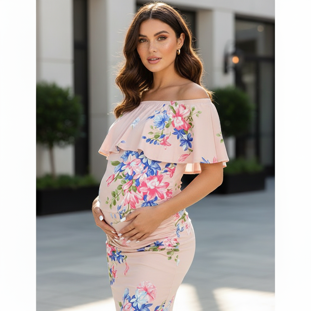offshoulders Flowers Printed Maternity Dress