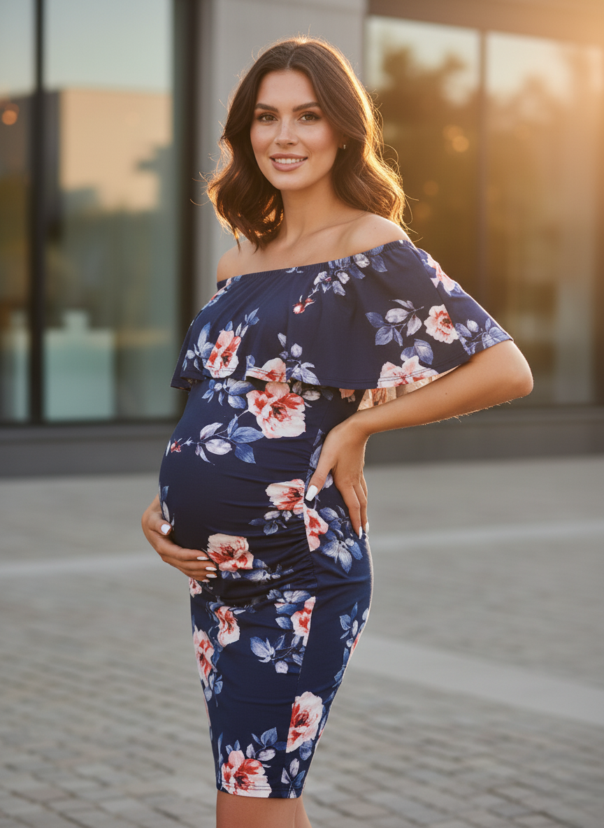 offshoulders Flowers Printed Maternity Dress